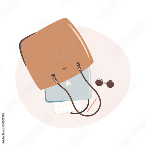 Shopper bag with laptop, note pad and sunglasses. Working days concept illustration