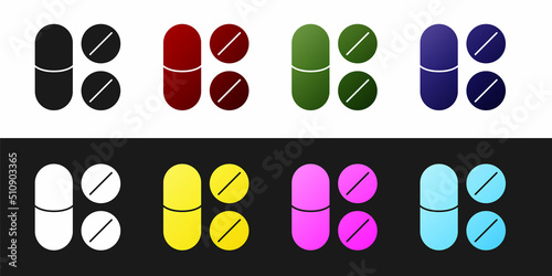Set Toothache painkiller tablet icon isolated on black and white background. Tooth care medicine. Capsule pill and drug. Pharmacy design. Vector