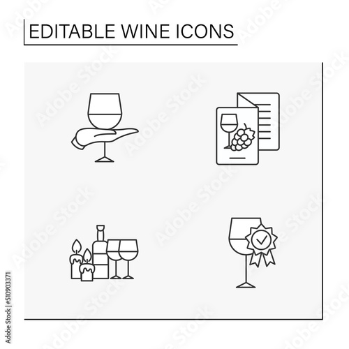 Wine line icons set. Tasting and consumption of alcohol drinks. Enotourism, grape and taste compatibility. Wine concept. Isolated vector illustration. Editable stroke