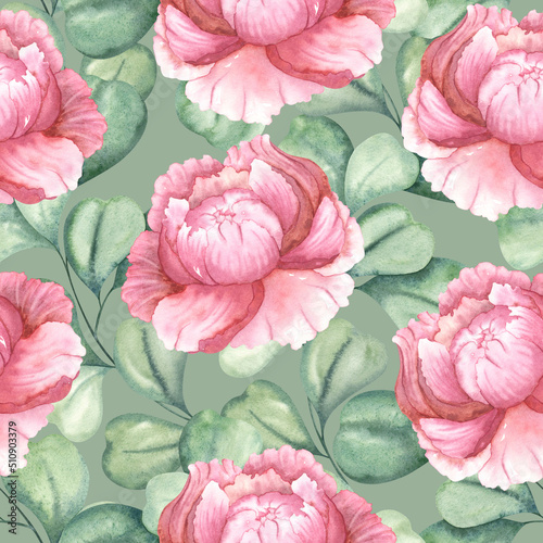 Pink peonies and eucalyptus. Large flowers on the background of green leaves. Watercolor plant pattern.