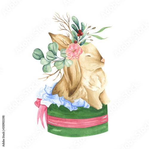 Rabbit in a gift box with a wreath. Rabbit symbol of the new year and Easter. Wreath of wild herbs and flowers.
