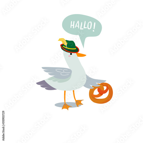 A cute seagull wearing a traditional German hat and holding a pretzel. Bubble inscription - "hello" - German.