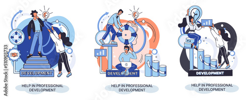 Help in professional development metaphor. Qualified employee training program. Refresher course. Human resource management organization. Business education workshop. School personality growth in team