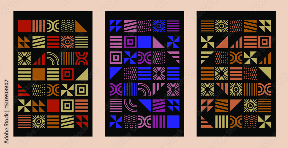 Abstract geometric cover designs. Black covers with colorful geometric shapes. Composition with geometry. Abstract vector backgrounds