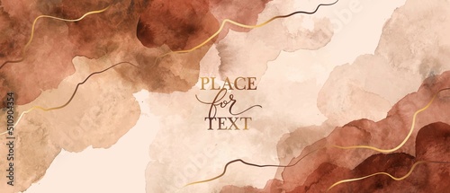 Elegant marble, stone  texture. Watercolor, ink vector background with brown,  grey,  beige for cover, invitation template, wedding card, menu design. Golden goil lines, crack, stone veins. 