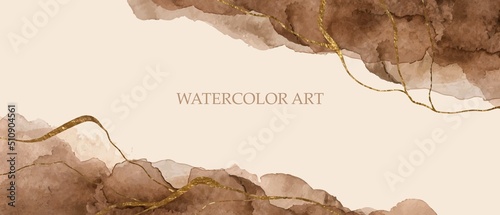 Elegant marble, stone  texture. Watercolor, ink vector background with brown,  grey,  beige for cover, invitation template, wedding card, menu design. Golden goil lines, crack, stone veins. 