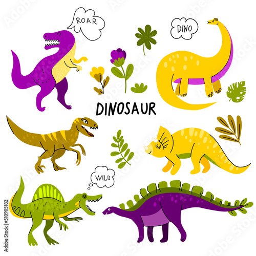 Collection of cute dinosaurs  tyrannosaurus  triceratops  velociraptor  diplodocus  spinosaurus  stegosaurus. Plants. Flat design. Isolated.