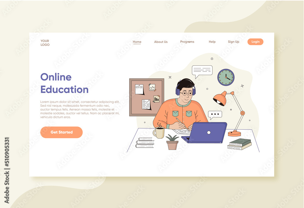 Vector hand drawn online learning web template. Flat linear online learning landing page.