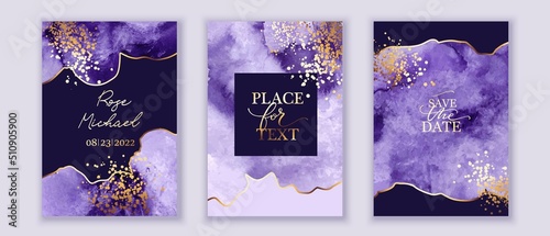 Elagant, chic background. Violet, lilac watercolor texture. Golden lines splatters. Design for card, invitation, flyer, cover.