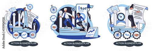 Action business plan, development strategies, foreseeing market risks. Company success secret, idea growing business achieve target metaphor, study production and sales market. Strategic biz planning