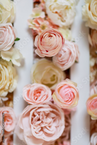 Flowers wall background with amazing pink and white roses, peonies and hydrangeas, wedding decorations, handmade.