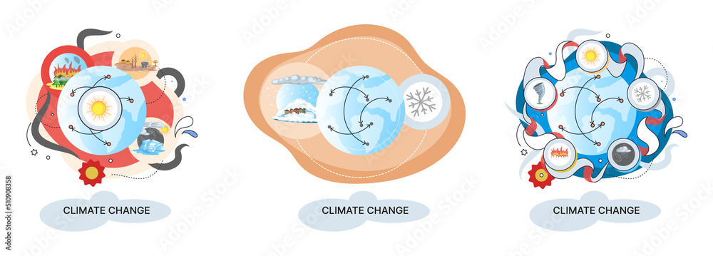 Global warming, climate change metaphor, natural disaster, deforestation, global heating, air pollution. Environmental accident on planet, ecological catastrophy warning icons world problem destroys Global warming, climate change metaphor, natural disaster, deforestation, global heating, air pollution. Environmental accident on planet, ecological catastrophy warning icons world problem destroys