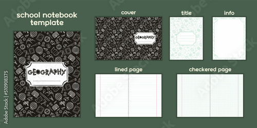 Geographic Template to print School notebook or Geography textbook. Hand-drawn travel elements. Blanks for checkered and lined pages. Frame for educational or scientific poster. Vector illustration