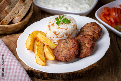 Traditional Turkish food; dry meatballs or inegöl meatballs with potatoes (Turkish name; Kuru kofte)
