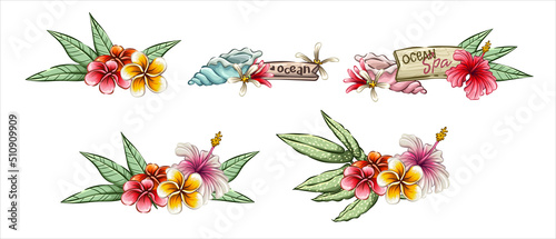 Tropical summer banners set, sea beach objects for your design projects, flowers of hibiscus and plumeria, palm leaf, sea shells, wooden tag