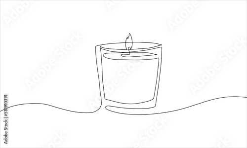 Candle in glass, one continuous line drawing. Isolated on white background.  Vector minimalist style