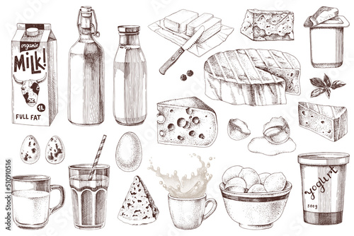 Set of different dairy products isolated on white