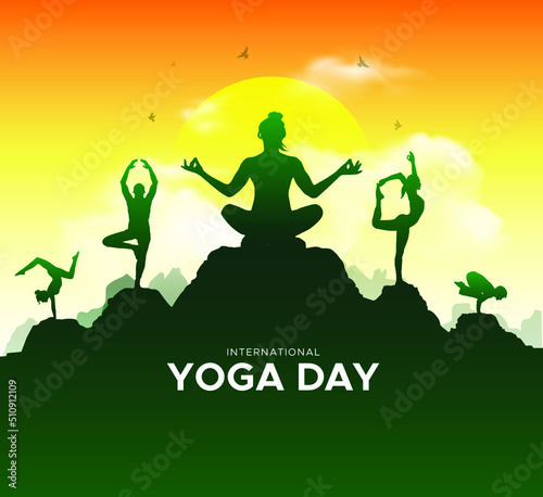 21 june International yoga day. Group of people practicing yoga and morning sunrise background Vector illustration