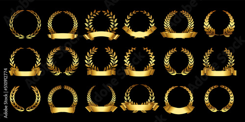 Gold laurel wreath. Roman trophy badge, golden branch emblem with leaves and ribbon, elegant laurels circle border vector set