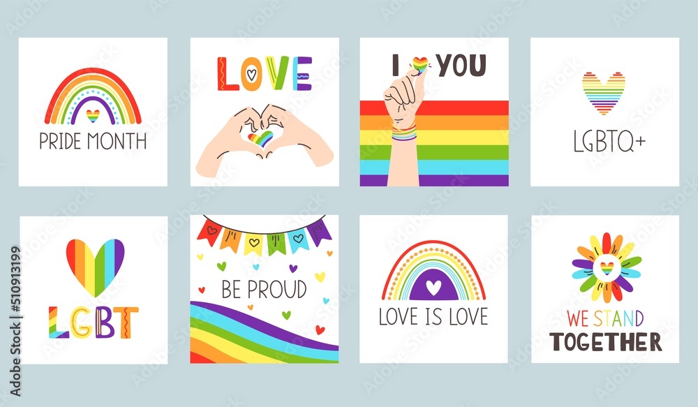Square pride poster. Prride mounth celebration, love with heart gesture and lgbtq plus social media post vector set