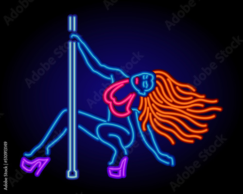 Neon sign girl woman dancer. Pop style, illumination glow effect. Retro template signboard for night club, store, posters, banners, cafe, bar, party, cabaret, striptease, pole lap dancing.

