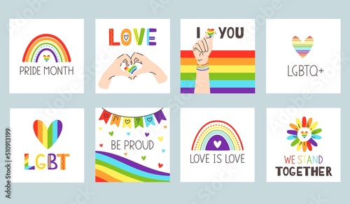 Square pride poster. Prride mounth celebration  love with heart gesture and lgbtq plus social media post vector set