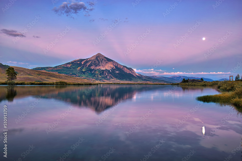 MT Crested Butte with reflection during blue hour in fall season of Colorado, USA