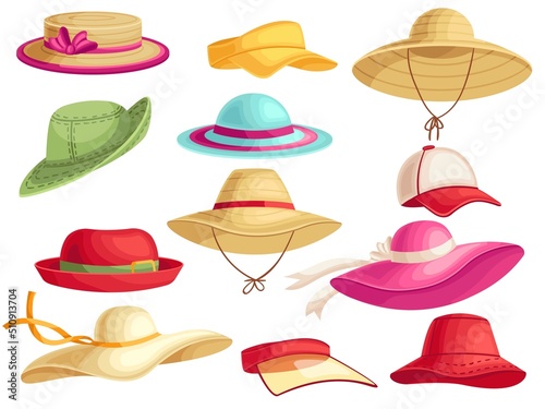 Female summer hats. Beach sun cap, vacation panama and stylish lady hat cartoon vector set