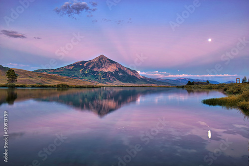 MT Crested Butte with reflection during blue hour in fall season of Colorado, USA