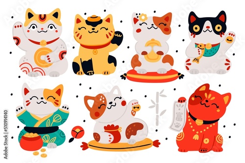 Japanese maneki neko cats. Asian good luck symbols. Cute kitty characters. Folklore figurines. Fortune and wealth talismans. Funny toys. Traditional dolls. Garish vector kittens set photo
