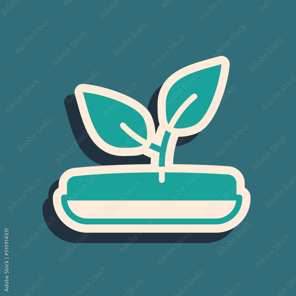 Green Sprout icon isolated on green background. Seed and seedling. Leaves sign. Leaf nature. Long shadow style. Vector Green Sprout icon isolated on green background. Seed and seedling. Leaves sign. Leaf nature. Long shadow style. Vector
