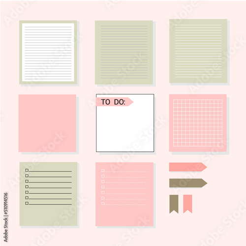 Notes and paper stationery for memos writing and reminders tiny persons set. Vector illustration.