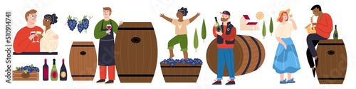 People drink wine. Winemaking industry. Grape harvest. Sommelier characters testing natural beverage. Alcohol production. Romantic couple with glasses. Garish vector winemakers set