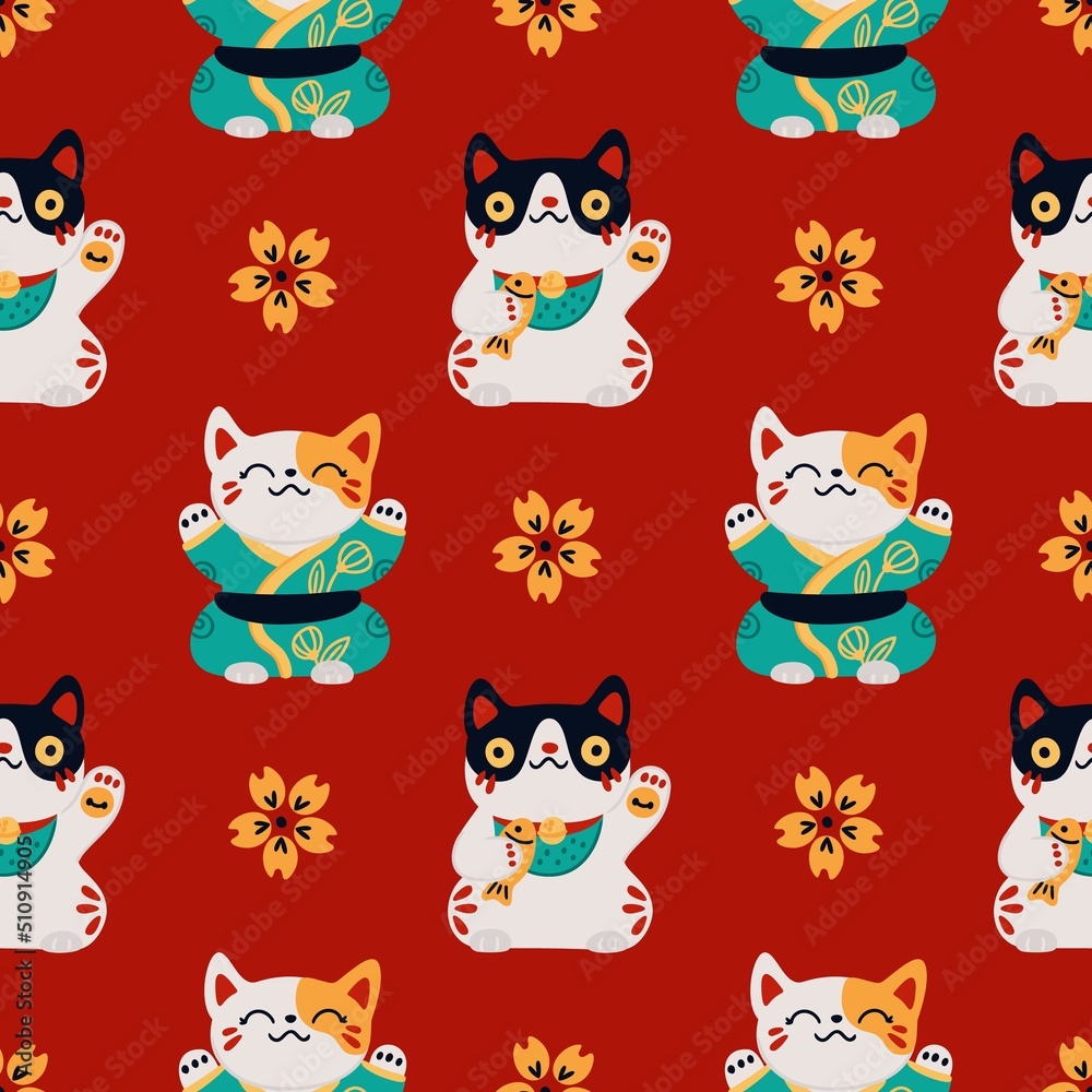 Seamless Japanese maneki cats. Lucky Asian symbols background. Traditional souvenir. Kittens with raised foot. Sakura flower. Oriental print with fortune talisman. Garish vector pattern