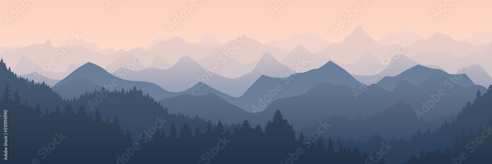 Mountains panorama. Foggy mountain landscape with aerial perspective effect, morning sunrise forest vector background illustration