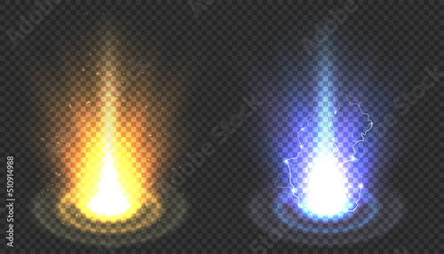 Vector blue and yellow power energy explosion light effect isolated on transparent background. Magic fantasy futuristic portal teleport. Electric lightning bolt sparks. Hot and cold sparkling burst