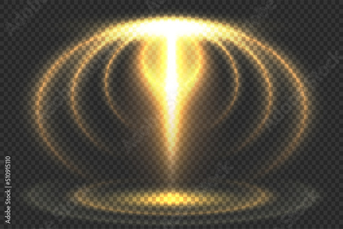 Abstract futuristic yellow spotlight special light effect. Spaceship portal or magnetic field with ray curves and central power light beam. Sci-fi illusion projector teleport concept design