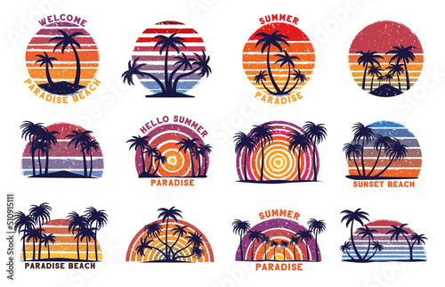 Retro beach sunset. Summer paradise print with grunge 80s striped sun and palm trees silhouettes vector illustration set © WinWin
