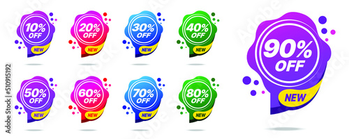 Tags set vector design, 10, 20, 30, 40, 50, 60, 70, 80, 90 percent off, vector badges template, Discount offer tag