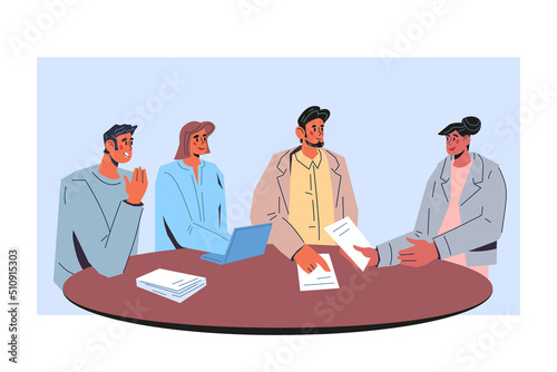 The negotiation group of company conferring at the table. Business meetings and negotiations, discussion of the terms of the contract and conclusion of a deal, flat vector illustration isolated.
