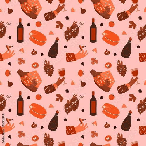 Wine seamless pattern. Cartoon print with hands hold wineglass. Various snacks and delicious. Noble alcohol. Gourmet drink and food. Cheese appetizer and berry. Garish vector background