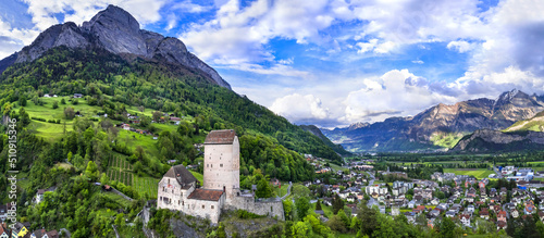 Aerial panoramic view of  medieval Sargans castle and town. Historic landmarks of Switzerland, St. Gallen canton photo