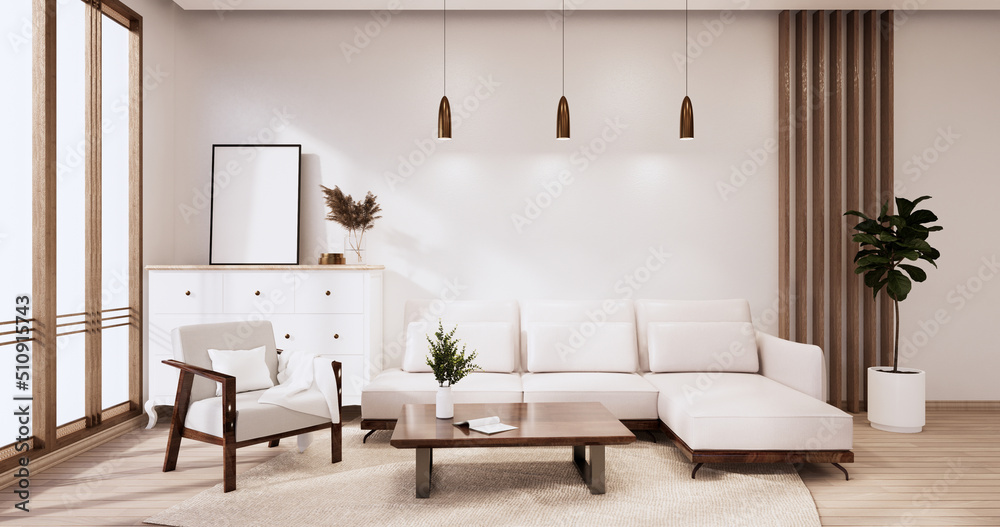 Fototapeta premium White Sofa japanese on room japan tropical desing and tatami mat floor.3D rendering