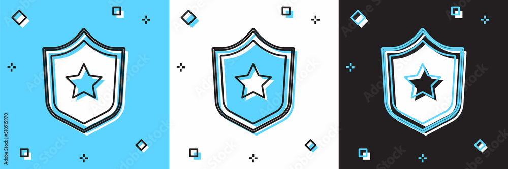 Set Police badge icon isolated on blue and white, black background. Sheriff badge sign. Shield with star symbol. Vector Set Police badge icon isolated on blue and white, black background. Sheriff badge sign. Shield with star symbol. Vector