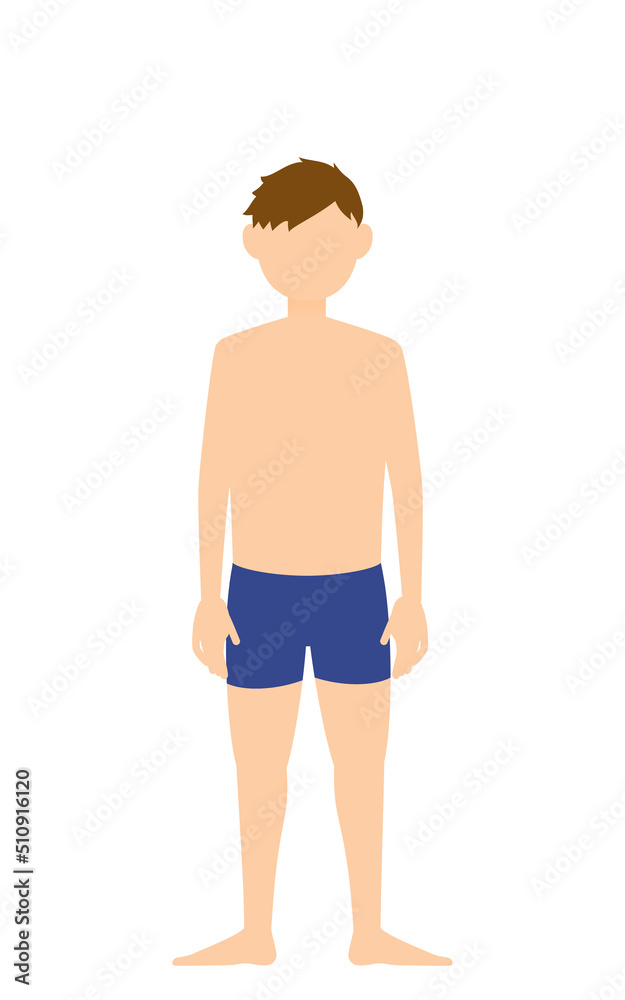 Fototapeta premium 男子生徒、水着姿、両手を下ろして棒立ちする