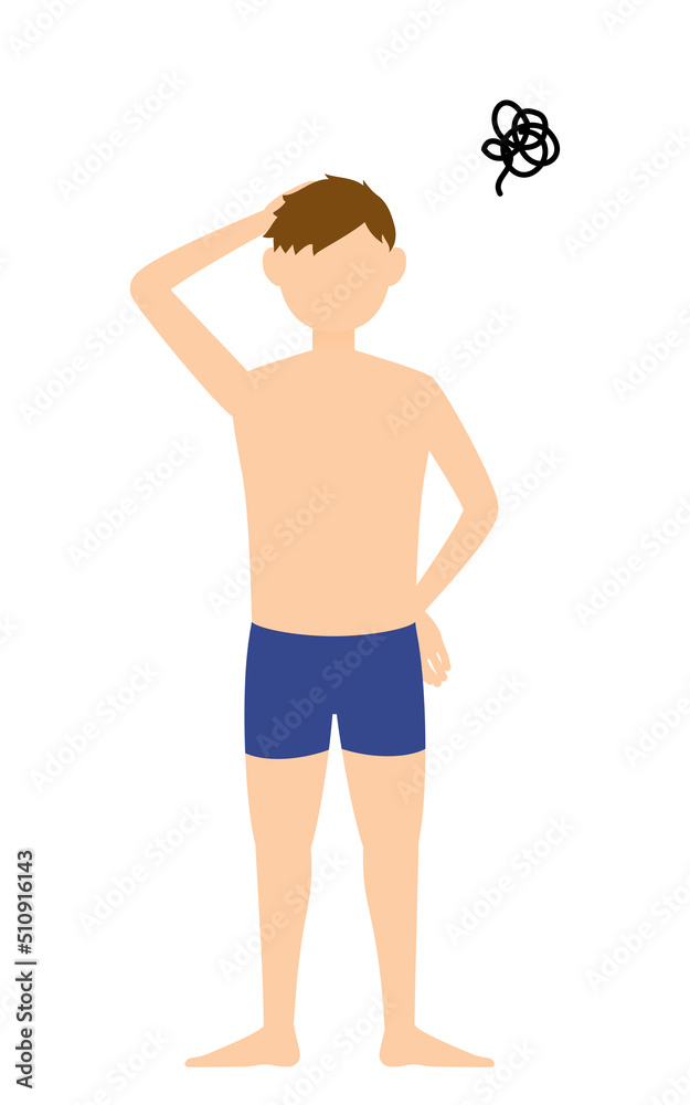 Fototapeta premium 男子生徒、水着姿、頭を抱えて悩む