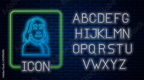 Glowing neon Benjamin Franklin icon isolated on brick wall background. Neon light alphabet. Vector
