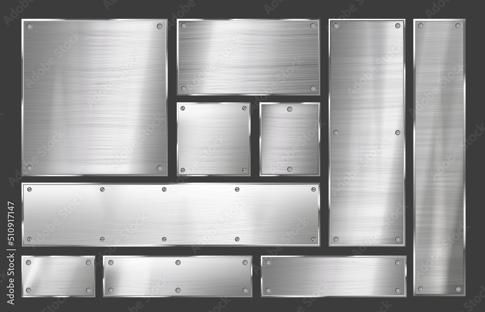 Metal plate. Brushed steel sign frame with metal rivets, polished metallic signboard background vector set