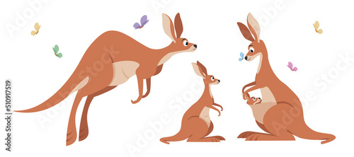 Vector illustration of a cute and beautiful family kangaroo on white background. Charming characters in different poses with jumping, looking at mother, sitting in a bag cartoon style.