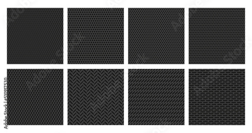 Perforated metal texture. Black metallic grid, dark steel plate with dot holes perforation pattern vector background set